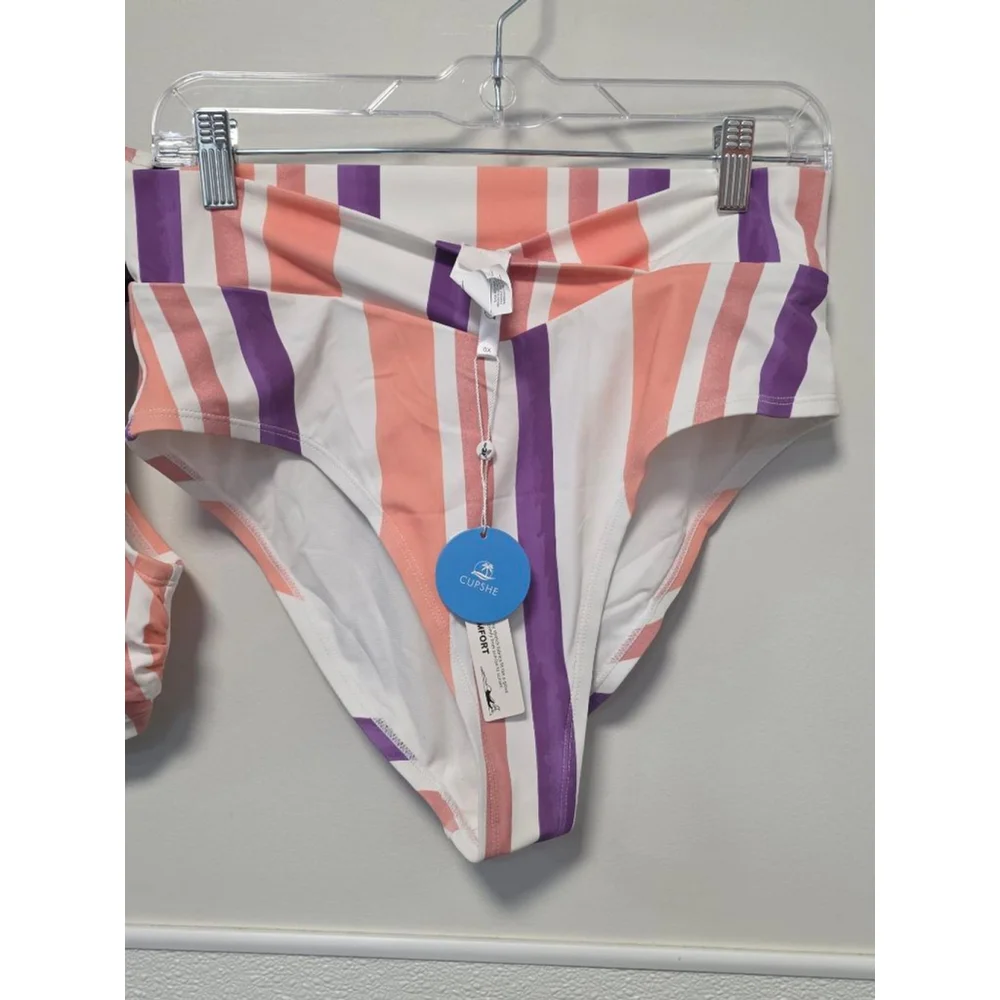 Women's Cupshe White Peach Purple Striped‎ High Waist Bikini Set 0X